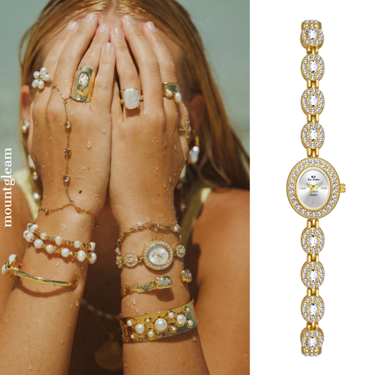 Women’s Quartz Bracelet Watch – Gold Diamond-Accented Chain with Oval White Dial
