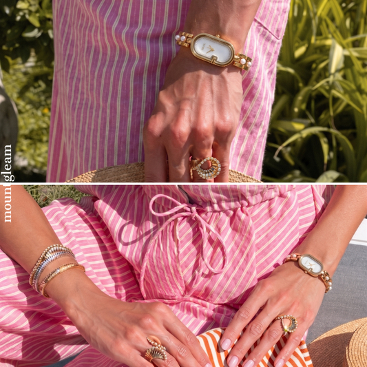 Pearl-Adorned Elegance: White Elongated Oval Dial Watch with Gold Bezel & Pearl-Accented Gold Chain Bracelet