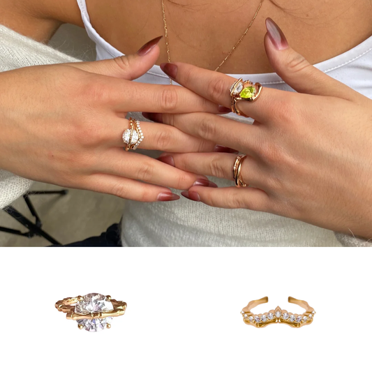 Crown & Round Crystal Ring Set (2-Piece) – 18K Gold Plated Adjustable Stackable Rings with Cubic Zirconia