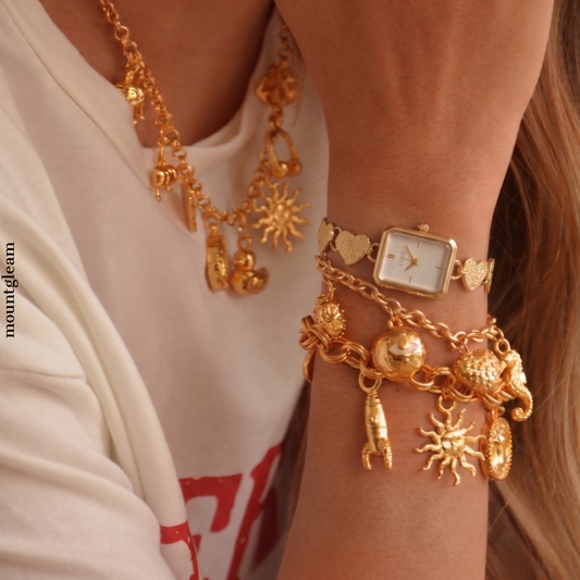 Gold Women’s Watch – Heart Charm Bracelet Watch with White Square Dial | Amour
