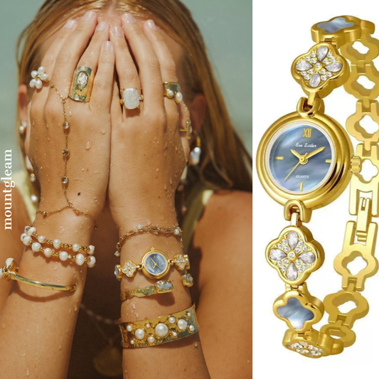 Feminine Delicate: Luminous Mother-of-Pearl & Lucky Clover Bracelet Watch