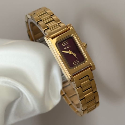 Bold Chic: Red Rectangular Dial Watch with Gold Rectangular Bezel & Matching Stainless Steel Bracelet
