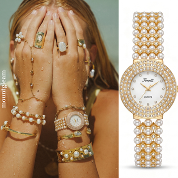 Feminine Opulence: White Round Dial with Pearl-Inlaid Gold Diamond Bracelet
