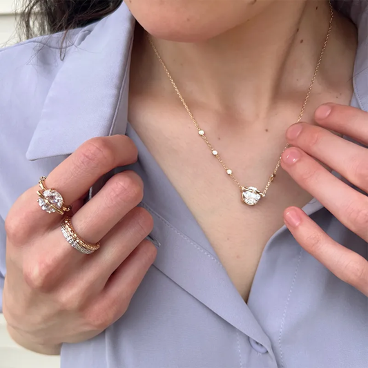 Crown & Round Crystal Ring Set (2-Piece) – 18K Gold Plated Adjustable Stackable Rings with Cubic Zirconia