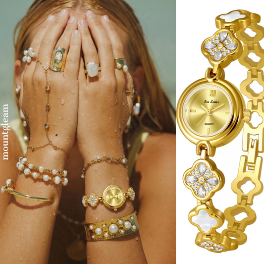 Luxe Minimalist - Gold Dial & Clover Bracelet Women's Quartz Watch