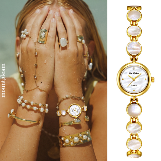 Elegant Gold-Tone Watch with White Mother-of-Pearl Dial & Alloy Bracelet