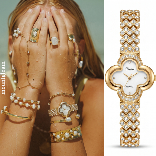 Elegant White Clover Dial Gold Diamond Watch - Alloy Quartz Bracelet