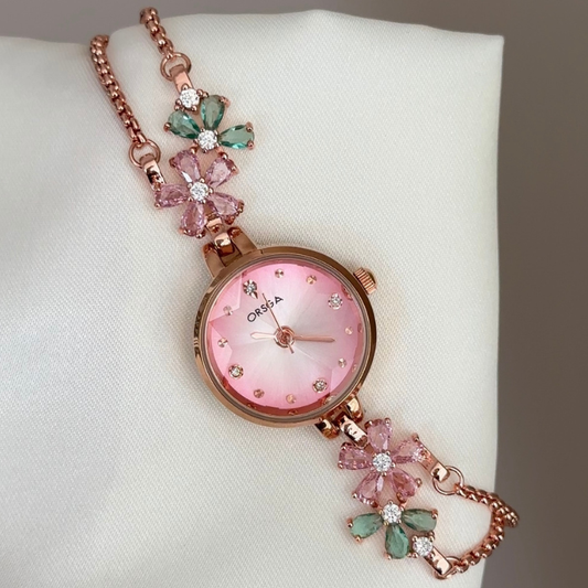 Everyday Sweet: Pink Round Dial Watch with Rose Gold Bezel & Rose Gold Chain Bracelet