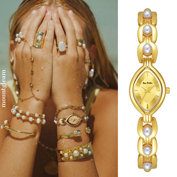 Vintage geïnspireerde gouden parel-ingebedde armband Watch-Marquise Dial, Elegant & Timeless