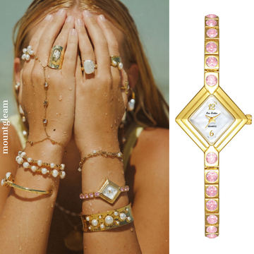 Elegant Gold Bracelet Watch with Pink Diamond Accents & White Rhombus Dial – Women’s Quartz Watch