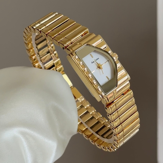 Everyday Luxury:White Square Dial Watch – Gold Square Case & Gold Piano - Alloy Band Quartz