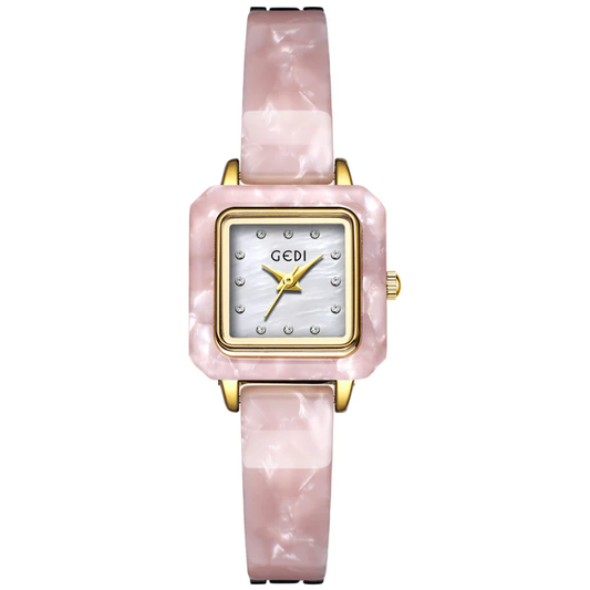 Montre à quartz pour femme, bracelet ambre rose et cadran carré blanc