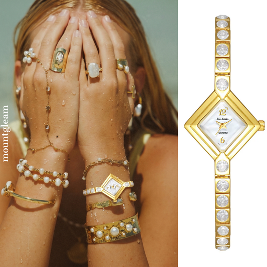 Elegant Gold Bracelet Watch with Diamond-Accented White Rhombus Dial – Women’s Quartz Watch