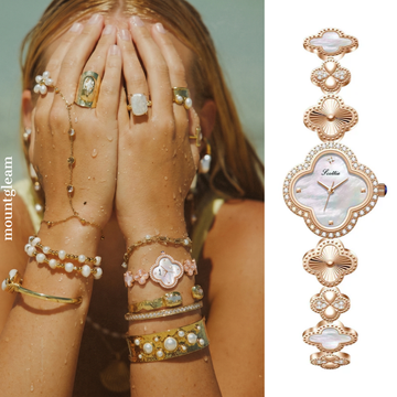 Damenuhr in Roségold – Kleeblatt-Gliederarmband mit Kristalllünette & Perlmutt-Kleeblatt-Zifferblatt | Amélie