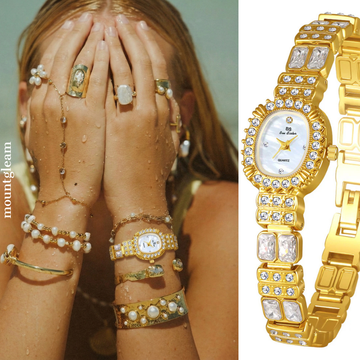 Gem-Embellished Gold Bracelet Watch with White Oval Small Dial – Women’s Quartz Watch