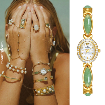 Gold Women’s Quartz Watch – Green Chalcedony Inlay with Oval Crystal Case & White Dial | Celestia