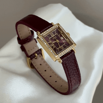 Vintage Opulence:Burgundy Square Dial Watch – Gold Square Case & Burgundy Leather Band Quartz