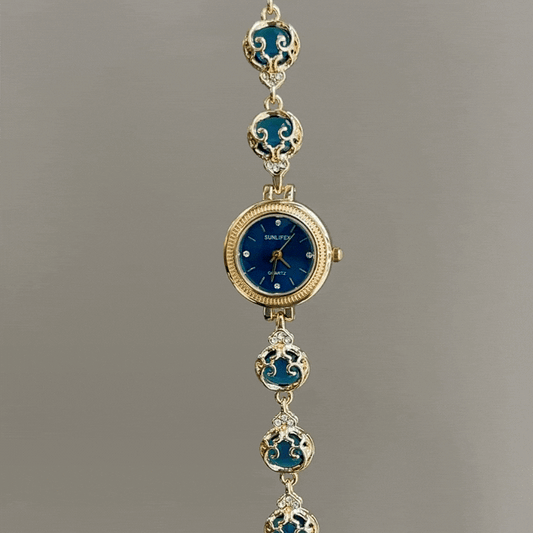 Vintage Petite Watch with Royal Blue Sunray Dial & Filigree Gemstone Bracelet