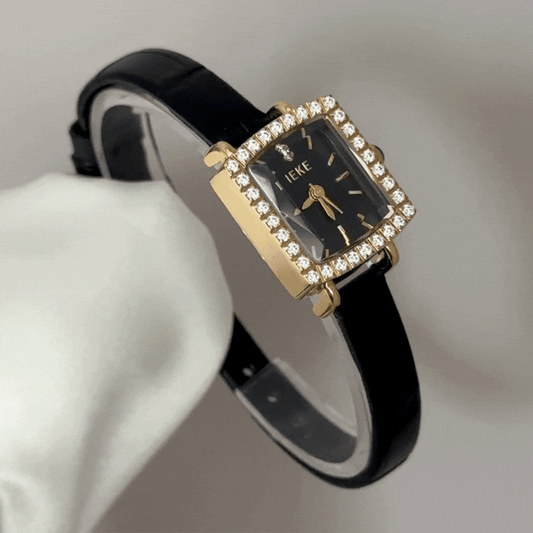 Everyday Luxe: Black Rectangular Dial Watch with Gold Diamond Bezel & Black Leather Strap