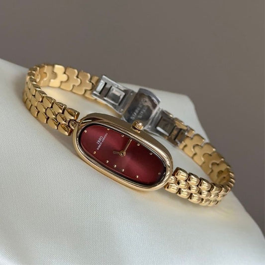 Petite Oval Gold Bracelet Watch with Burgundy Wine Red Dial