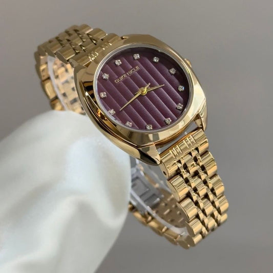 Vintage Gold Cushion Watch with Burgundy Striped Dial & Crystal Accents