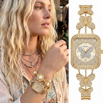 Feminine Delicacy: Gold Rectangle Diamond Dial with Butterfly Stainless Steel Bracelet