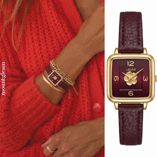 CRIMSON GRACE VIJEK: Camellia Red Leather Vintage Quartz Watch