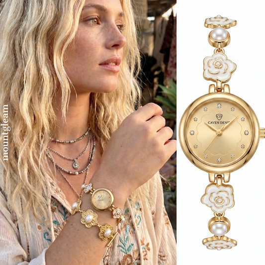Antique Pearl Watch with Floral Pearl Bracelet and Gold Dial Quartz Movement