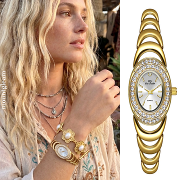 Vintage Luxury Gold Bracelet Style Oval Diamond-Accented Small Round Dial Ladies Quartz Watch - Gilded Sapphire