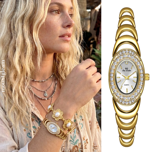 Vintage Luxury Gold Bracelet Style Oval Diamond-Accented Small Round Dial Ladies Quartz Watch - Gilded Sapphire