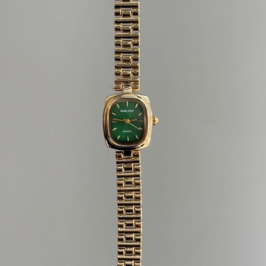 Vintage Gold Petite Cushion Watch with Emerald Green Dial