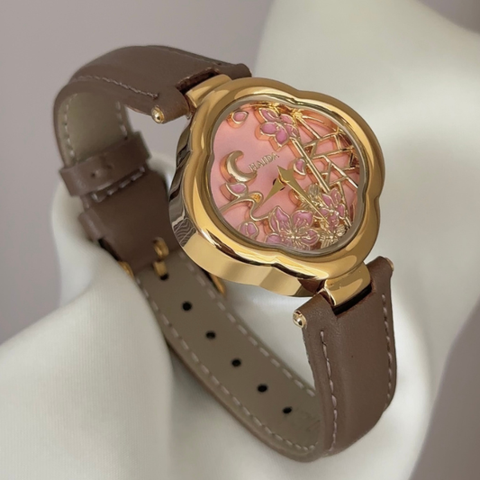 Blossom Shape: Pink Flower Dial Watch with Gold Flower Bezel & Brown Leather Strap