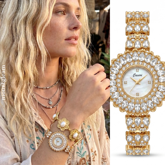 Floral Opulence: White Round Dial with Floral Diamond Bezel & Diamond-Studded Bracelet