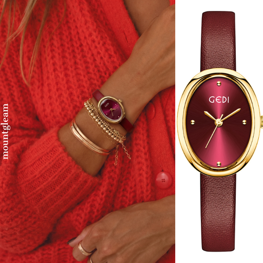 Rote Damenuhr mit ovalem Zifferblatt, echtes Leder, schmales Armband, goldenes Gehäuse, Quarz, französischer Vintage-Look – Amour