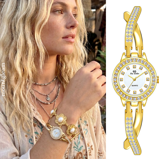 Luxury Women’s Quartz Watch – Gold Butterfly Cross Bracelet with Full Rhinestones and White Round Dial