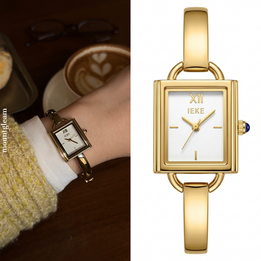 Minimalist Luxe Elegant: White Square Dial Watch with Gold Cuff Bracelet