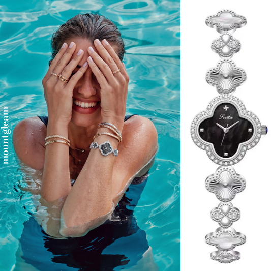 Moderne Eleganz: Schwarz-Kleeblattförmiges Zifferblatt mit silberner Lünette & Armband mit Kleeblattmuster