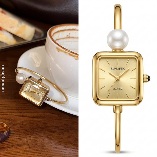 Gold Pearl Watch – French Elegant Rectangular Dial Bangle Watch for Women