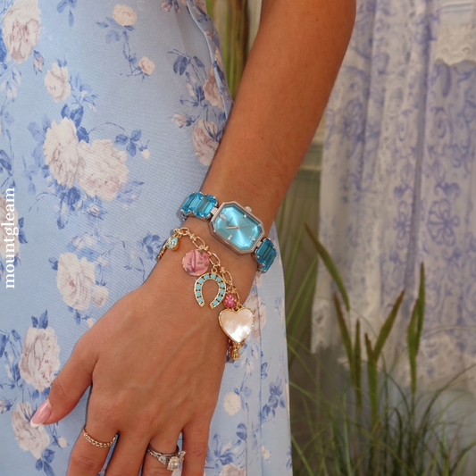 Blue Elegance: Blue Rectangular Dial Watch with Silver Rectangular Bezel & Blue Gemstone-Set Silver Chain Bracelet