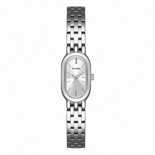 Luxury Minimalist Women's Quartz Watch with Silver Bracelet | Oval Silver Dial Dress Watch