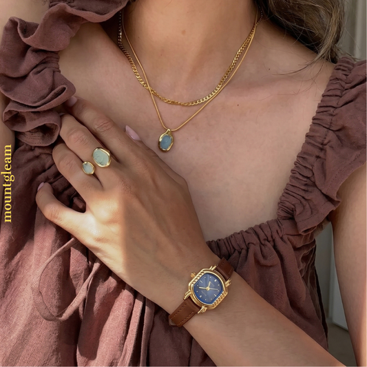 Gemstone Bloom Timepiece: Brown and Blue Quartz Watch