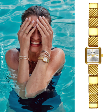 Luxury Women’s Quartz Watch – Gold Modular Bracelet with White Rectangular Dial, Minimalist Fashion Design
