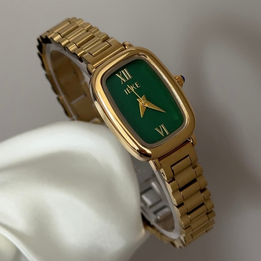 Natural Chic: Green Rectangular Dial Watch with Gold Rectangular Bezel & Gold Stainless Steel Bracelet