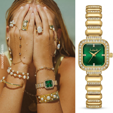 Opulent Radiance: Emerald Green Rectangular Diamond Dial Watch with Gold Diamond Bezel & Diamond Bracelet