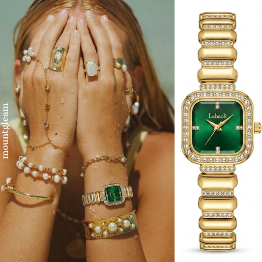 Opulent Radiance: Emerald Green Rectangular Diamond Dial Watch with Gold Diamond Bezel & Diamond Bracelet