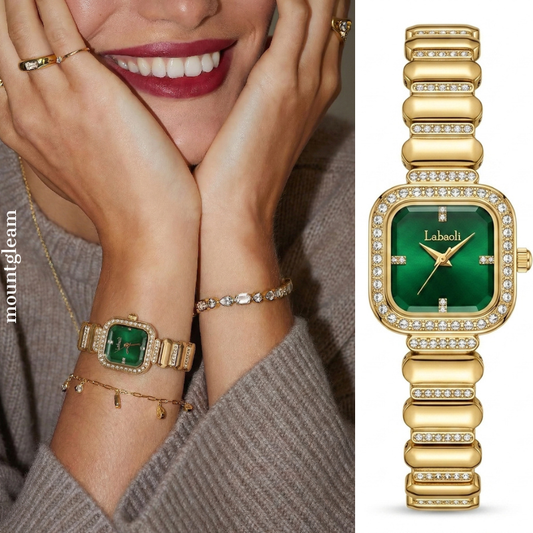 Opulent Radiance: Emerald Green Rectangular Diamond Dial Watch with Gold Diamond Bezel & Diamond Bracelet