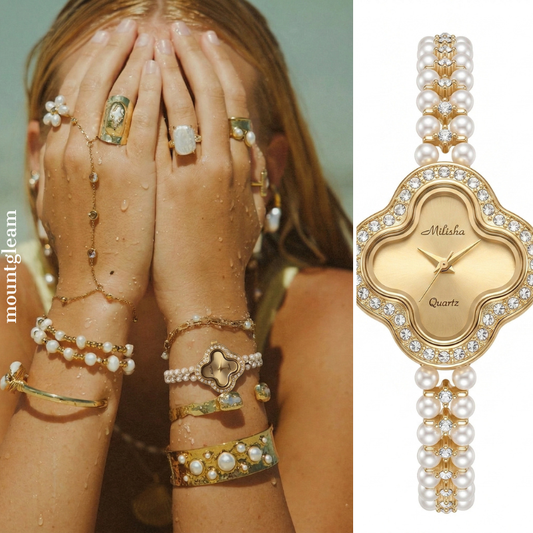 Gold Clover Pearl Bracelet Watch for Women – Diamond Accents