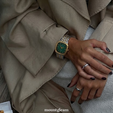 Elegant Rectangle Green Dial Gold Case with Gold-Silver Alloy Band | Quartz Movement