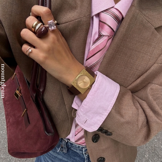 Sporty Silicone: Gold Round Dial Watch with Gold Rectangular Bezel & Brown Silicone Strap