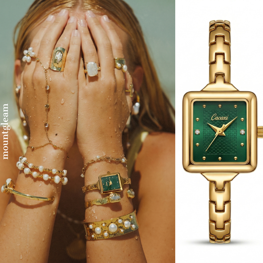 Luxury Green Dial Watch Women – Square Gold Minimalist Design